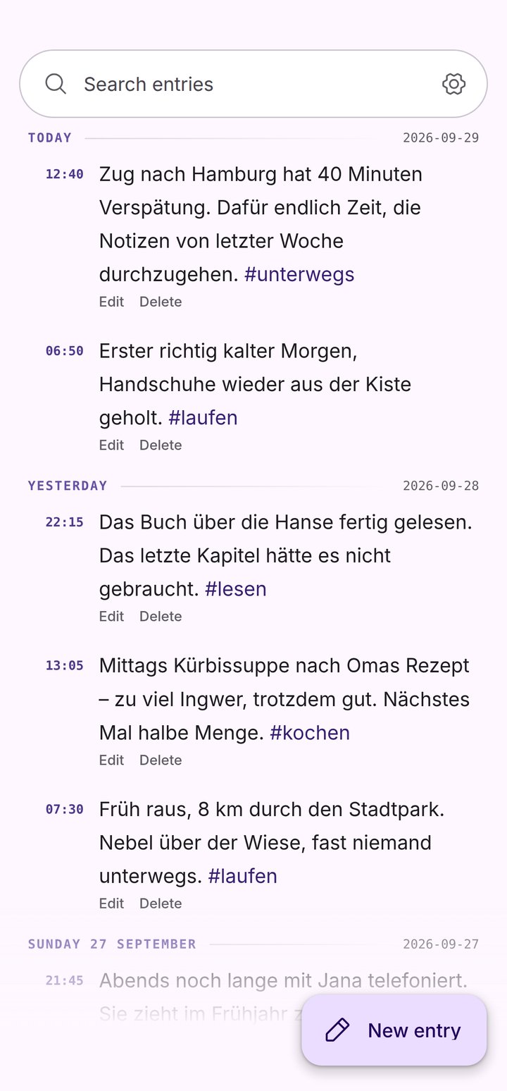 Jotter auf einem Android-Handy im hellen Farbschema: oben ein abgerundetes Suchfeld, darunter die Einträge nach Tagen, unten rechts ein schwebender Knopf für einen neuen Eintrag