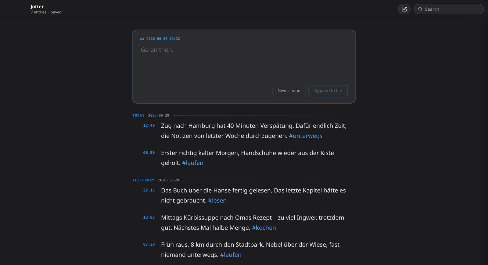 Jotter auf dem Mac im dunklen Farbschema: links oben Titel und Anzahl der Einträge, rechts das Suchfeld, darunter Eingabefeld und Einträge mit blauen Uhrzeiten und Stichwörtern