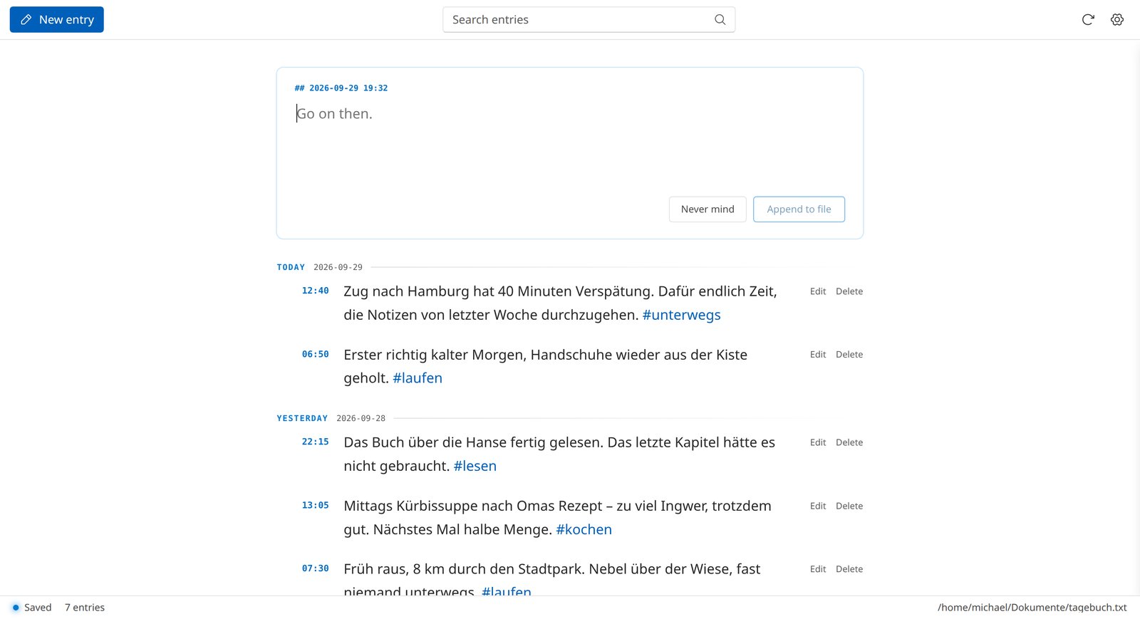 Jotter unter Windows 11 im hellen Farbschema: oben ein blauer Knopf für einen neuen Eintrag und das Suchfeld, darunter Eingabefeld und Einträge, am unteren Rand eine Statusleiste mit dem Pfad der Tagebuchdatei
