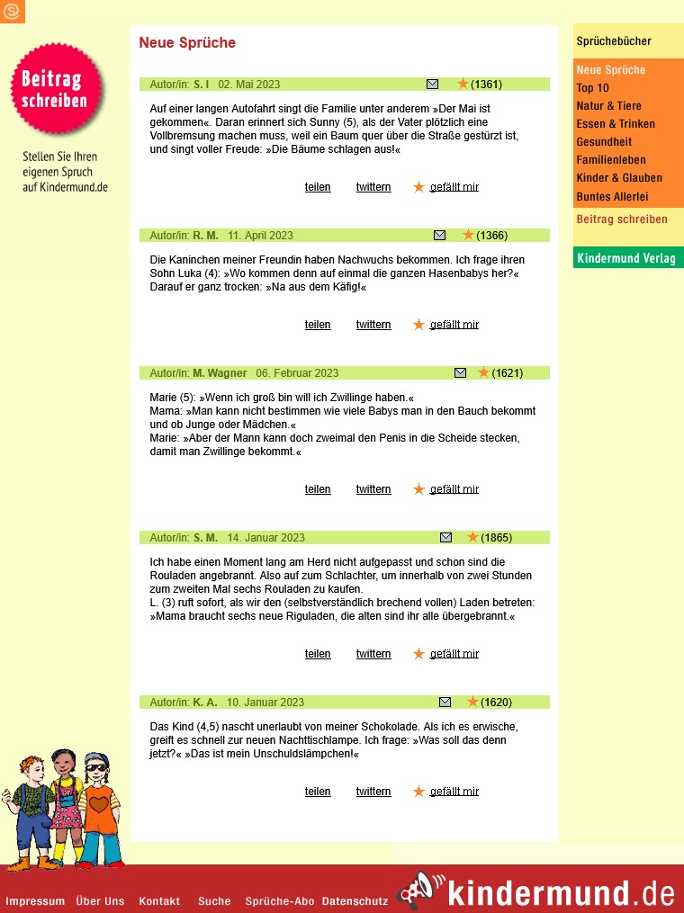 Die Seite „Neue Sprüche“ von kindermund.de: eingeschickte Sprüche mit Autor, Datum und Anzahl der Likes, rechts ein Menü mit den Kategorien, links eine Schaltfläche „Beitrag schreiben“