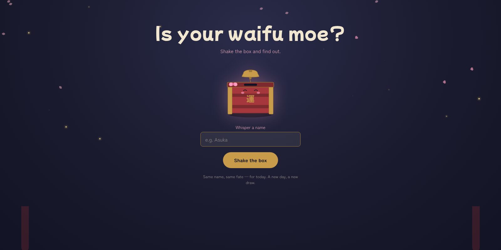 Die Startseite von Moekuji: vor einem dunklen Nachthimmel mit fallenden Blütenblättern die Frage „Is your waifu moe?“, darunter eine rote Losbox mit Glocke, Schleife und Gesicht, ein Namensfeld und der Knopf „Shake the box“
