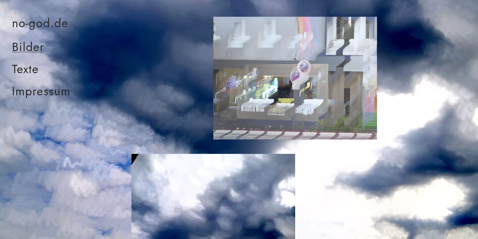 Die Seite Bilder: verfremdete Fotos einer Häuserfassade und eines Wolkenhimmels, versetzt untereinander vor dem Wolkenhintergrund