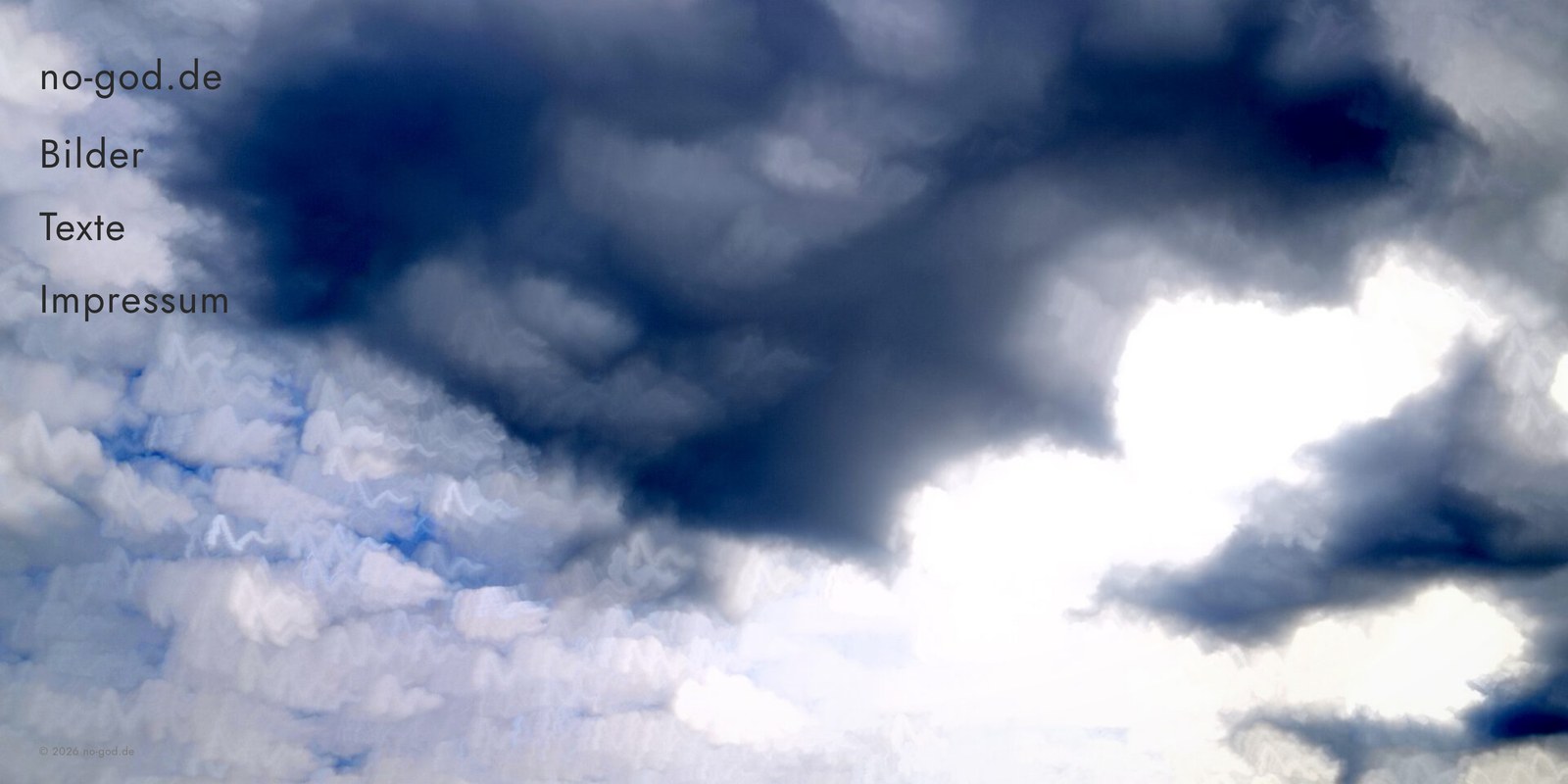 Die Startseite von no-god.de: eine Navigation aus reinem Text über dem formatfüllenden Foto